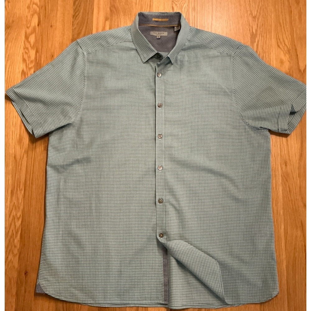 Ted Baker London Size 5 Large Sage Green Gingham Short‎ Sleeve Button Down Shirt
